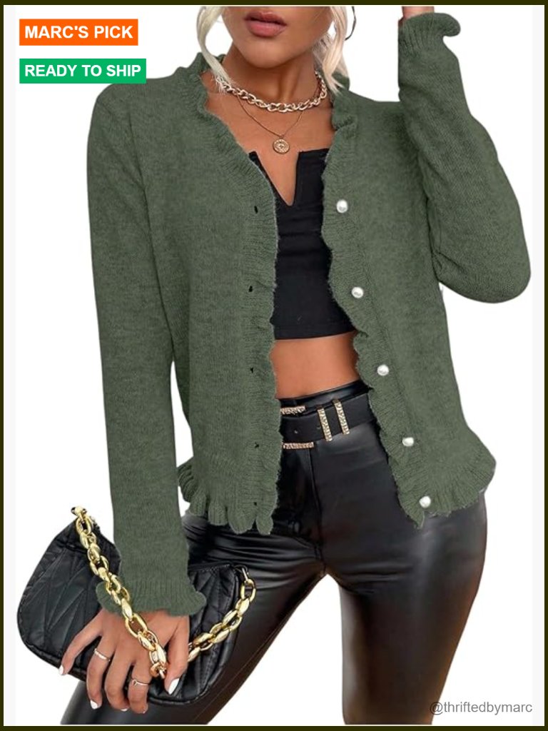 Women's Ruffle Trim V-Neck Button Down Long Sleeve Knit Cardigan